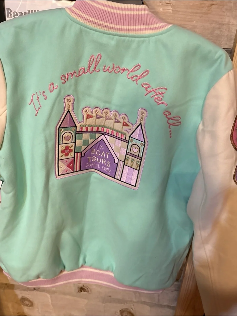 Celebrity Pink Mint, Cream & Pink Varsity Jacket - 'It's a Small World' Patch